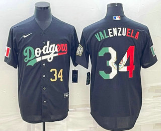 Mens Los Angeles Dodgers #34 Fernando Valenzuela Number Mexico Black Cool Base Stitched Baseball Jersey